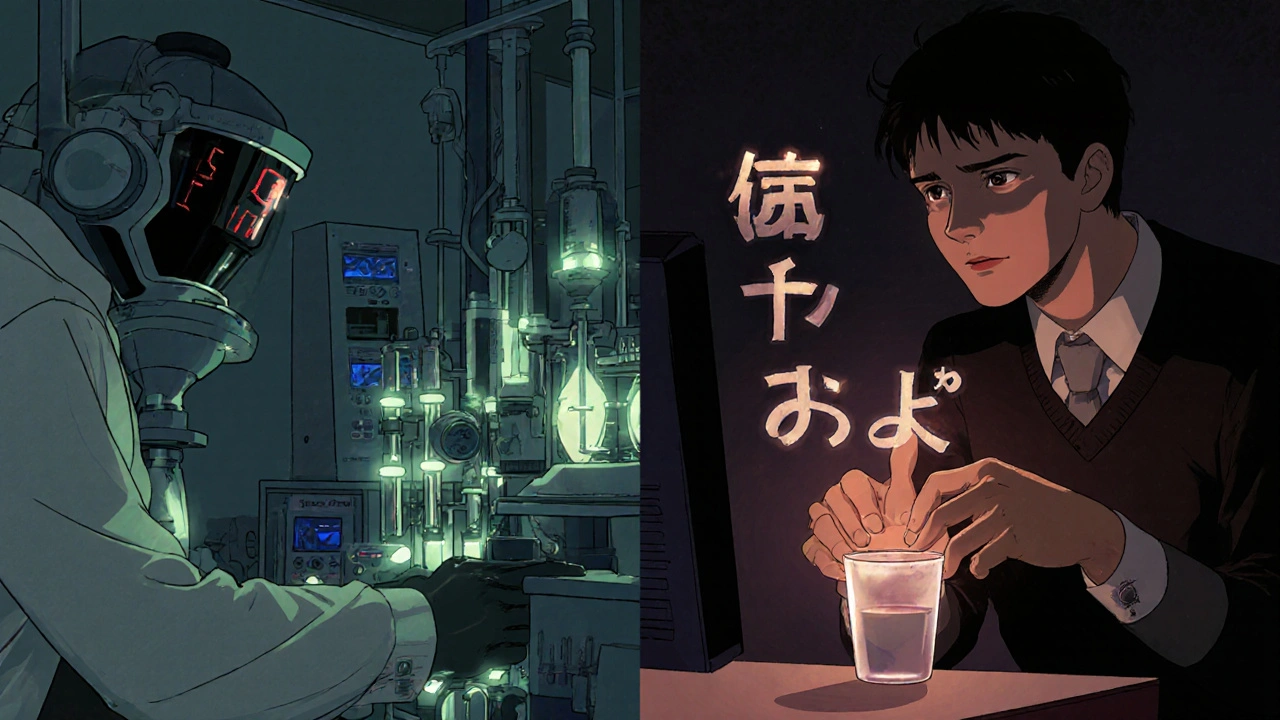 Lab technician using mass spectrometry machine while patient provides sample, validity metrics displayed