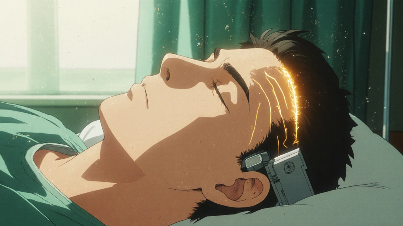 Man recovering from BAHD surgery with glowing bone vibrations, soft lighting, vintage anime style.