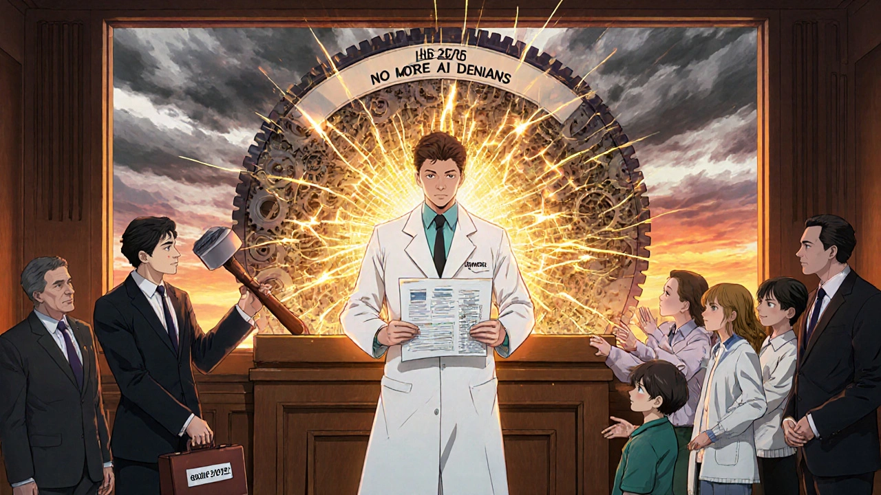 Medical director shattering an AI denial algorithm with a hammer as patients reach out in hope.