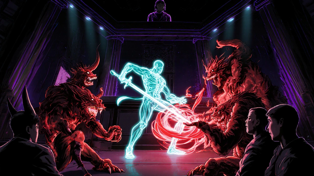 Mefenamic acid warrior fighting inflammation monsters inside a joint, side-effect demons lurking in retro anime style.