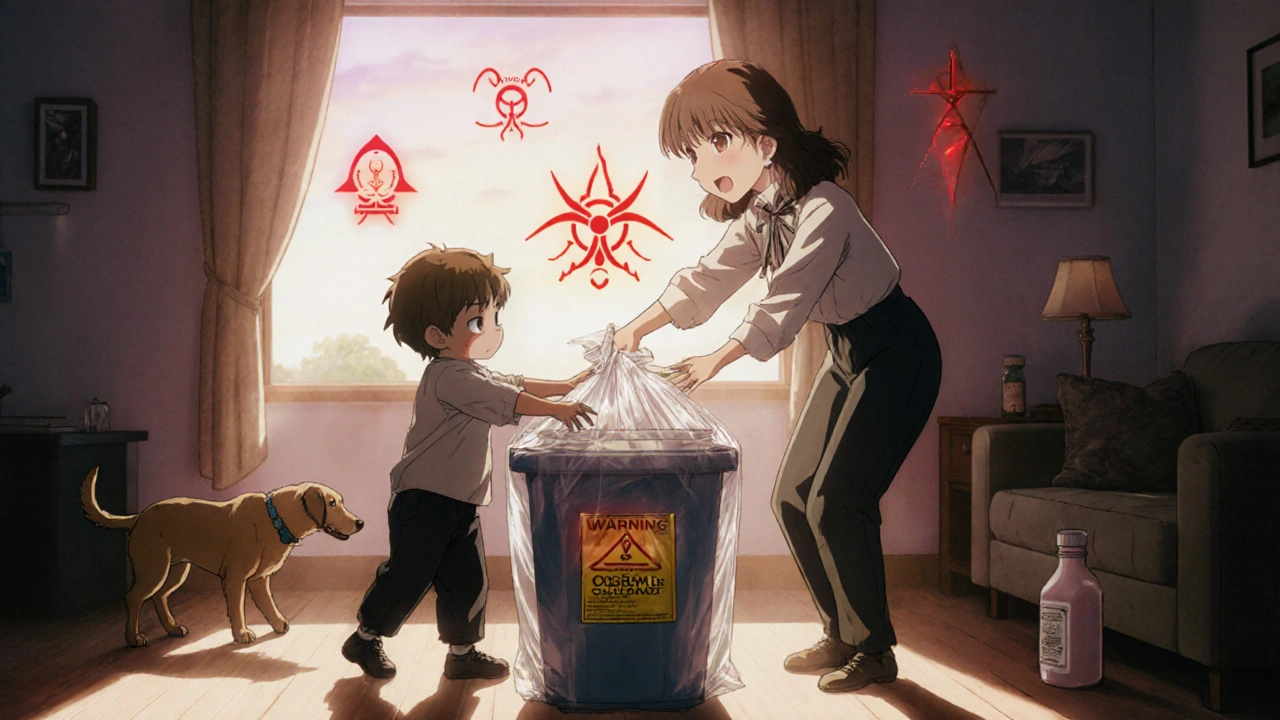 Mother blocking child from touching hazardous chemo waste bag while pet approaches discarded pill bottle.