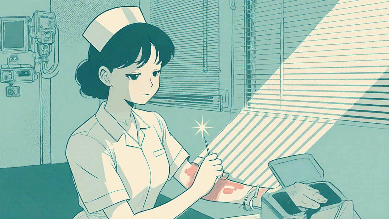 Nurse drawing blood from patient&#039;s arm in soft sunlight, calm and clean scene