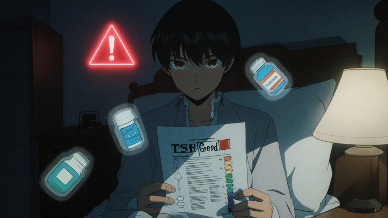 Patient with abnormal blood test, ghostly pill images swirling around them in dim room.