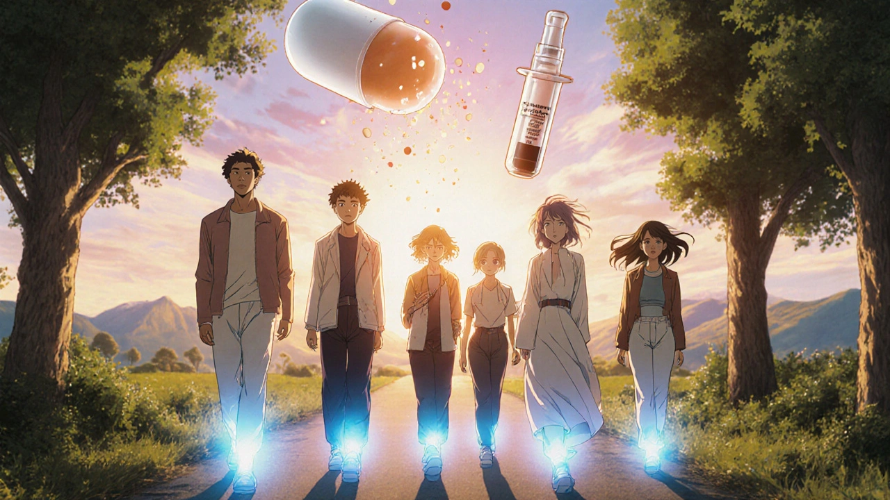 Patients walking at dawn with glowing legs, statin dissolving in sky, PCSK9 and ezetimibe icons floating above