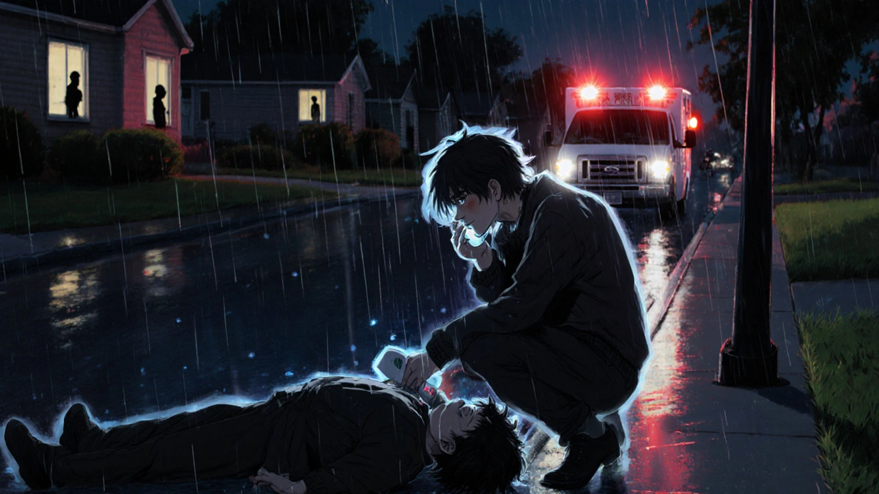 Person administering naloxone to someone collapsed on sidewalk at night with ambulance lights