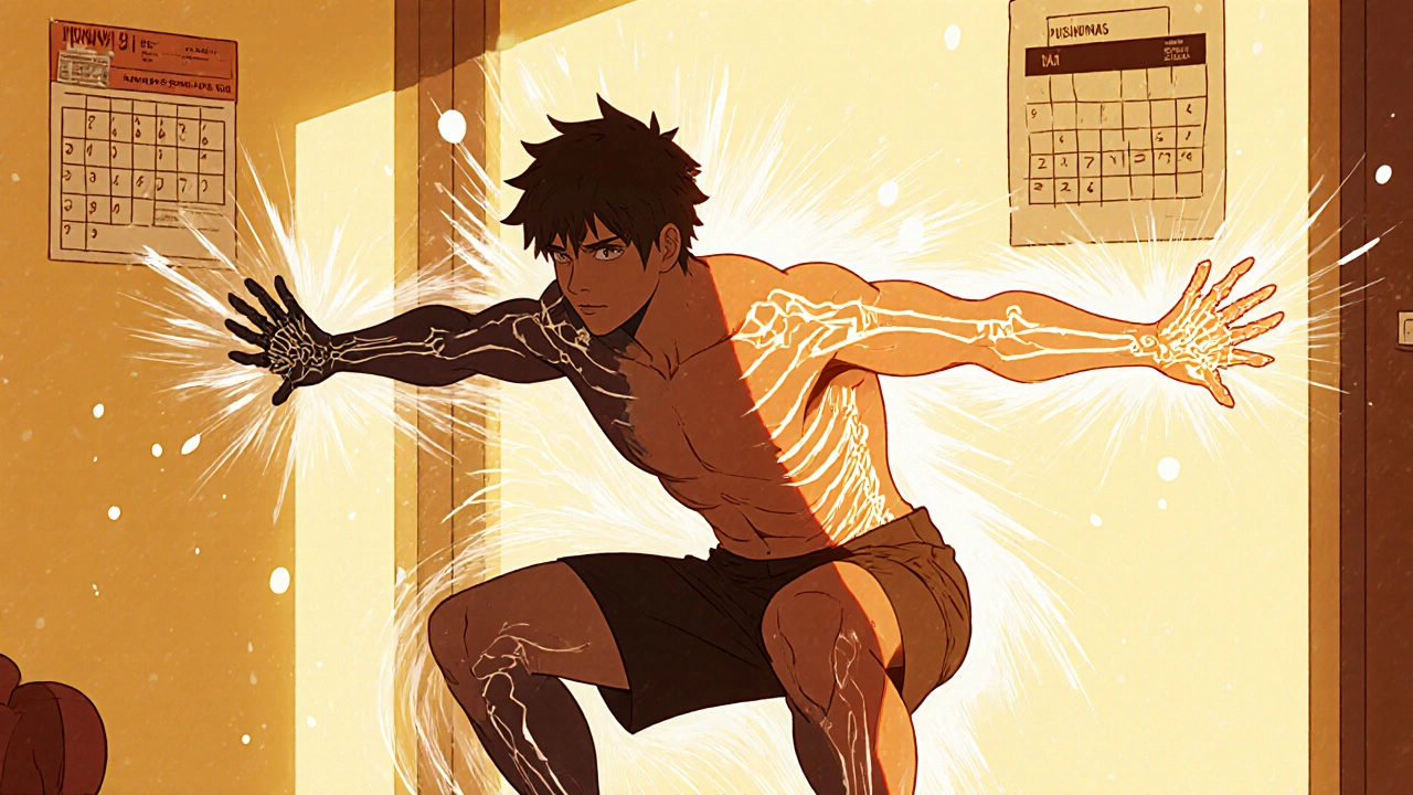 Person doing home exercises with glowing bone regeneration effects.