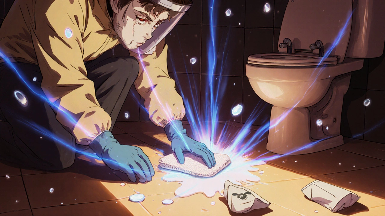 Person in protective gear cleaning a chemotherapy spill on a bathroom floor with glowing toxic particles.