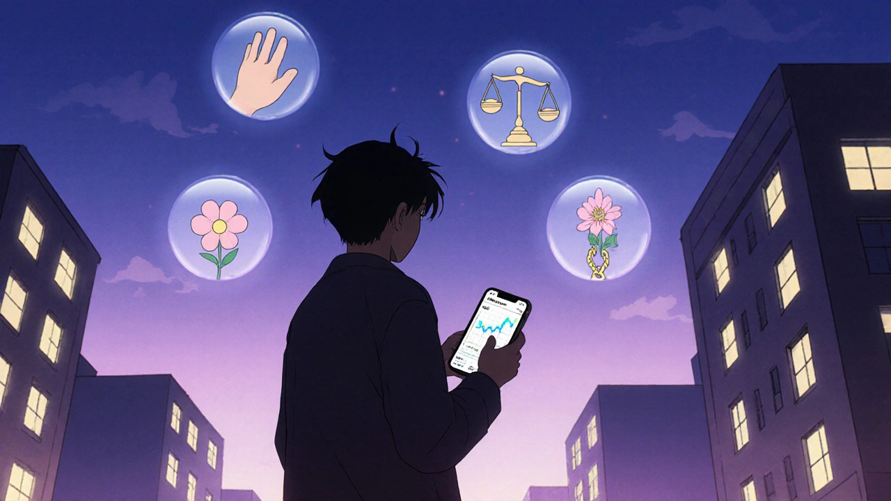 Person walking at dawn with mood tracker app, floating symbols of side effects and stability around them