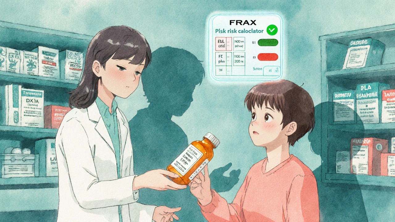 Pharmacist giving bone health advice with holographic fracture risk display.