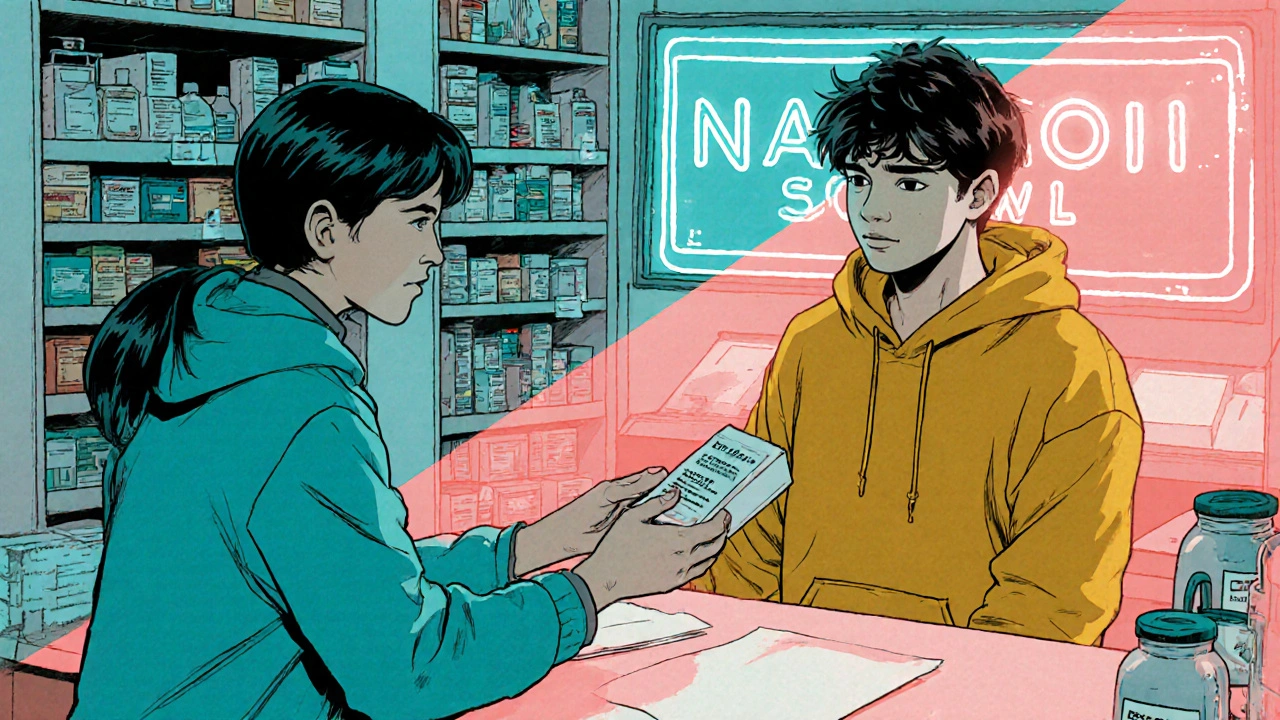 Pharmacist handing naloxone nasal spray to a customer at a brightly lit pharmacy