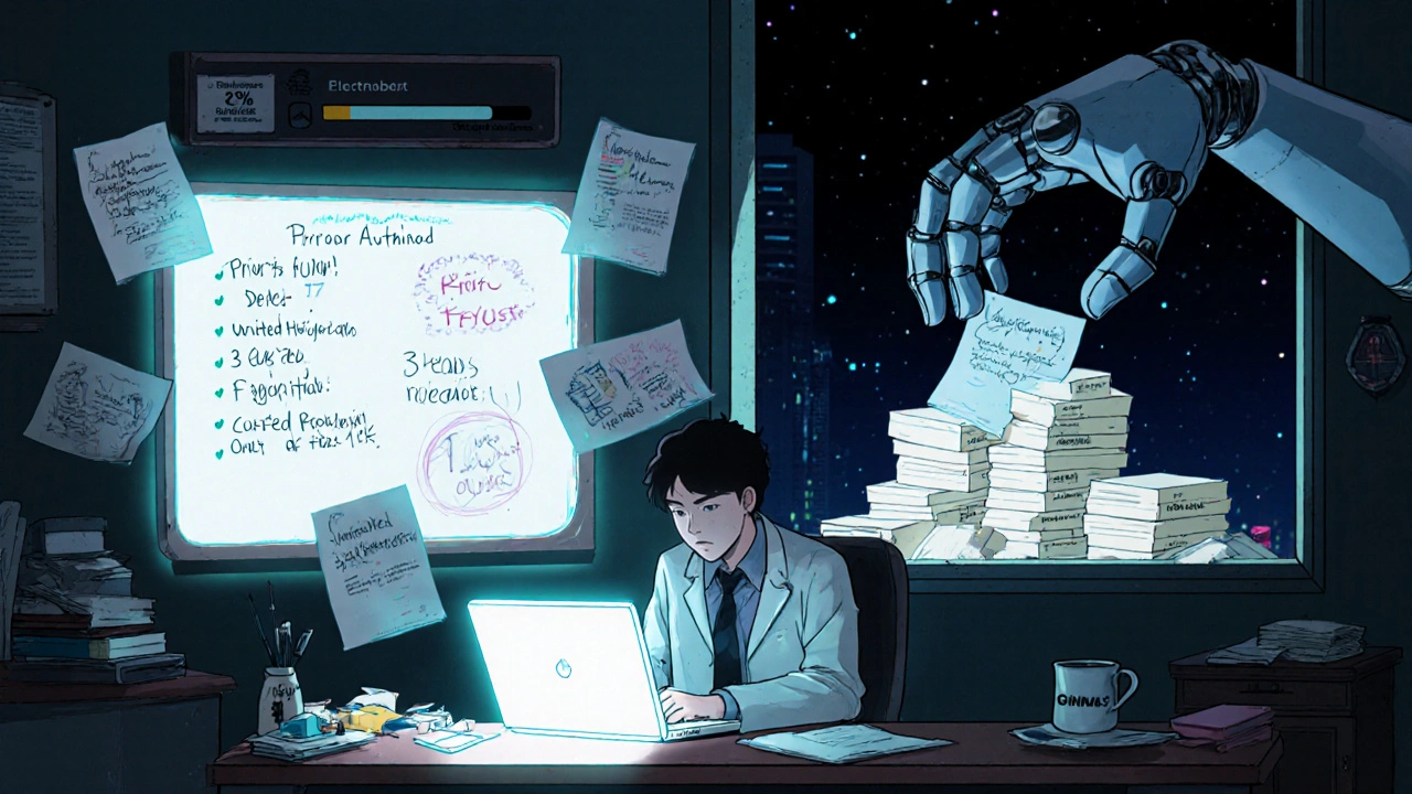 Physician working late at night surrounded by prior authorization documents and a failing ePA progress bar.