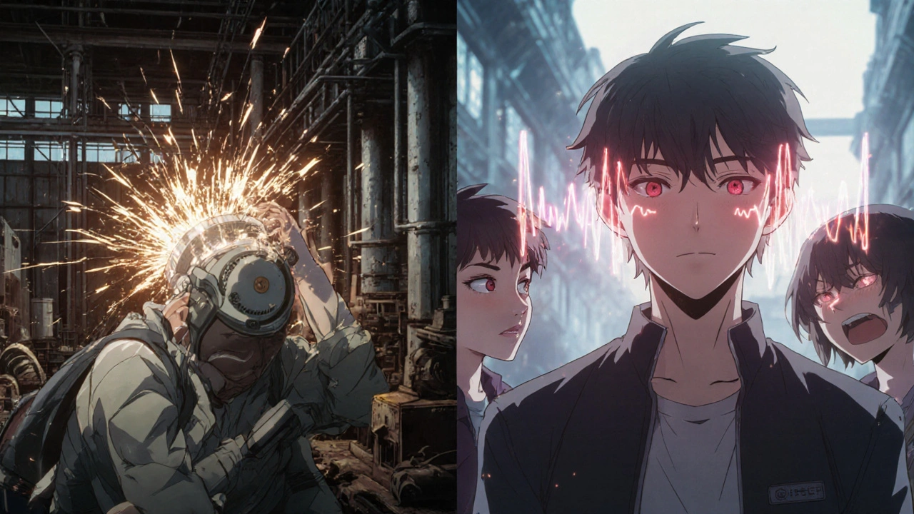 Side-by-side: CROS struggling in noise vs BAHD restoring clear sound, retro anime aesthetic.