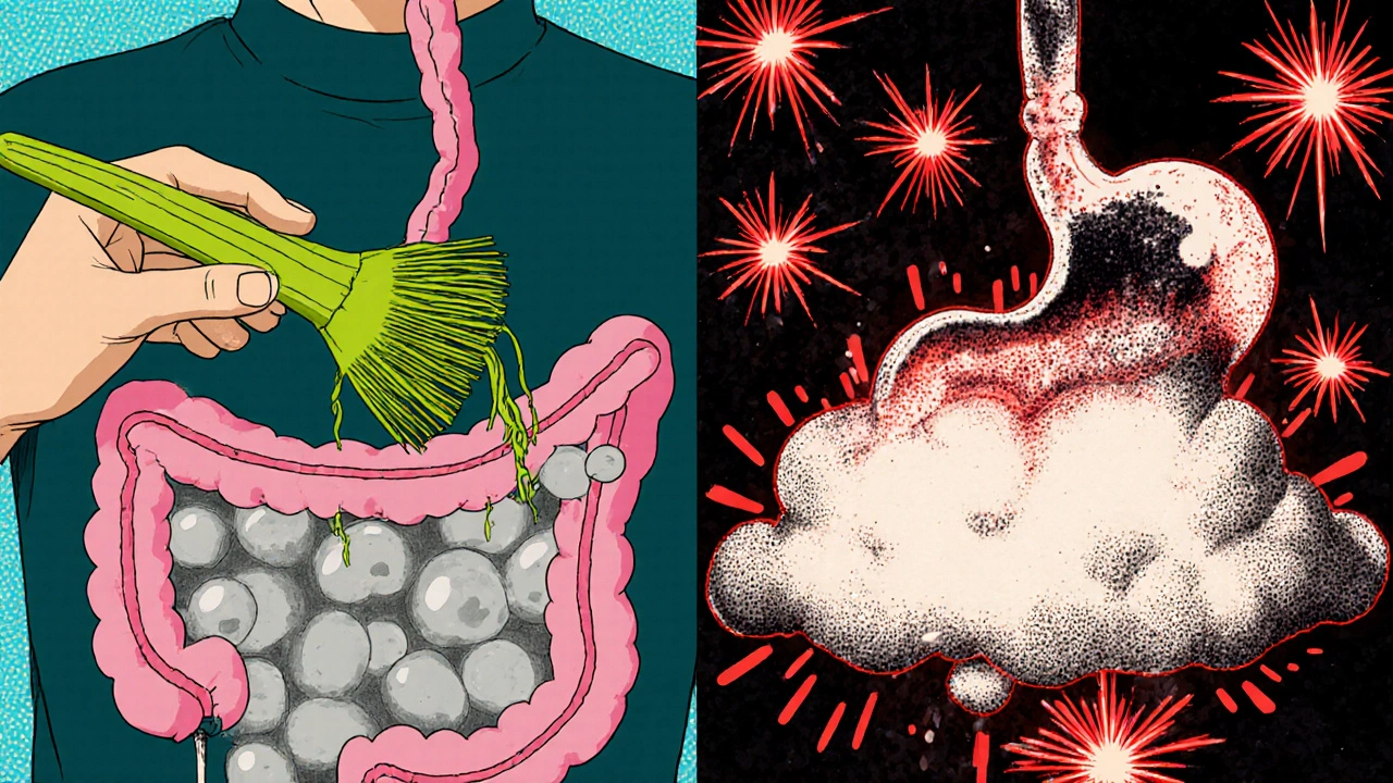 Split scene showing insoluble fiber as a broom and soluble fiber as a jelly cloud in manga style