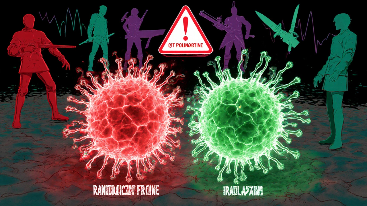 Stressed heart cells battling for efficiency, with ranolazine restoring balance amid medical alternatives.