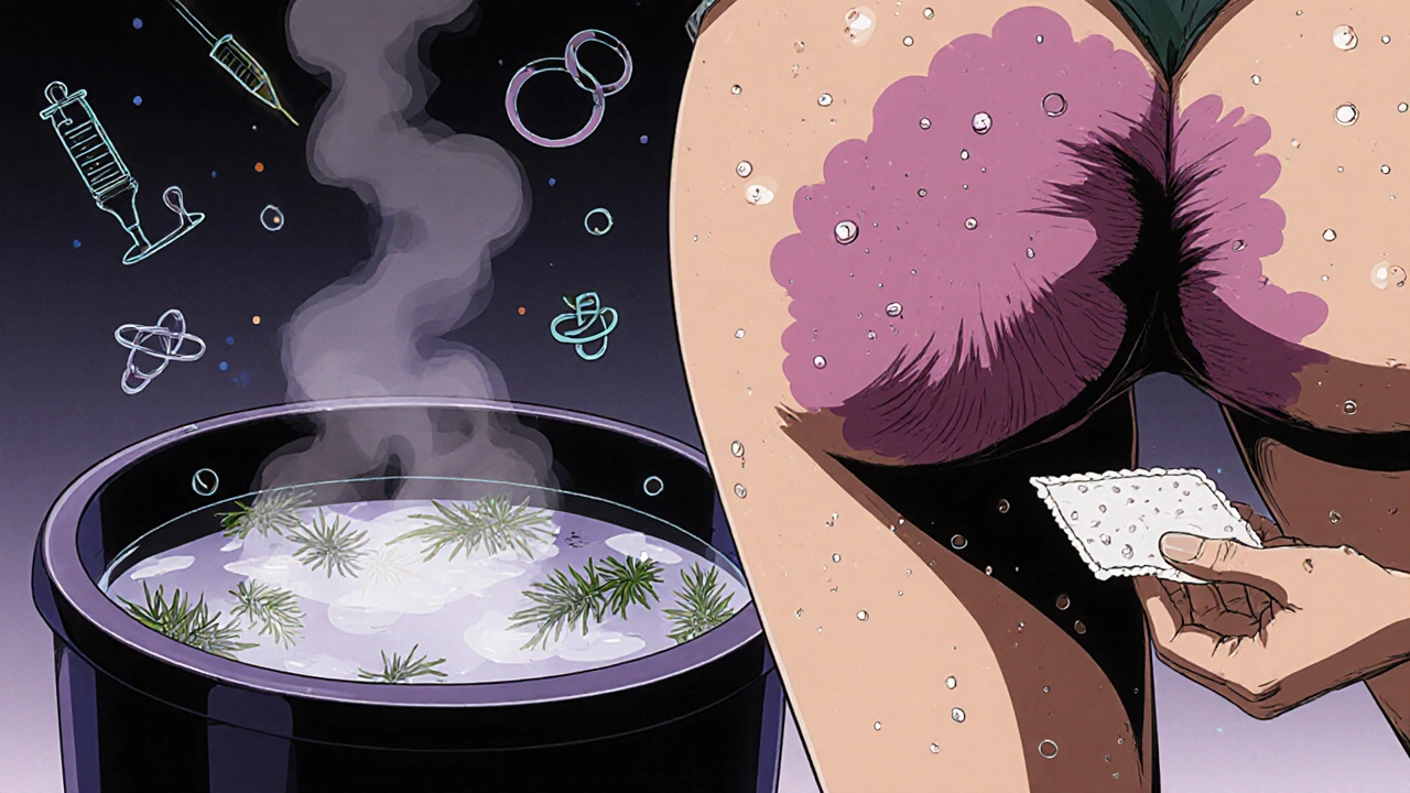 Thrombosed external hemorrhoid as purple lump with sitz bath steam, witch hazel pad in hand.