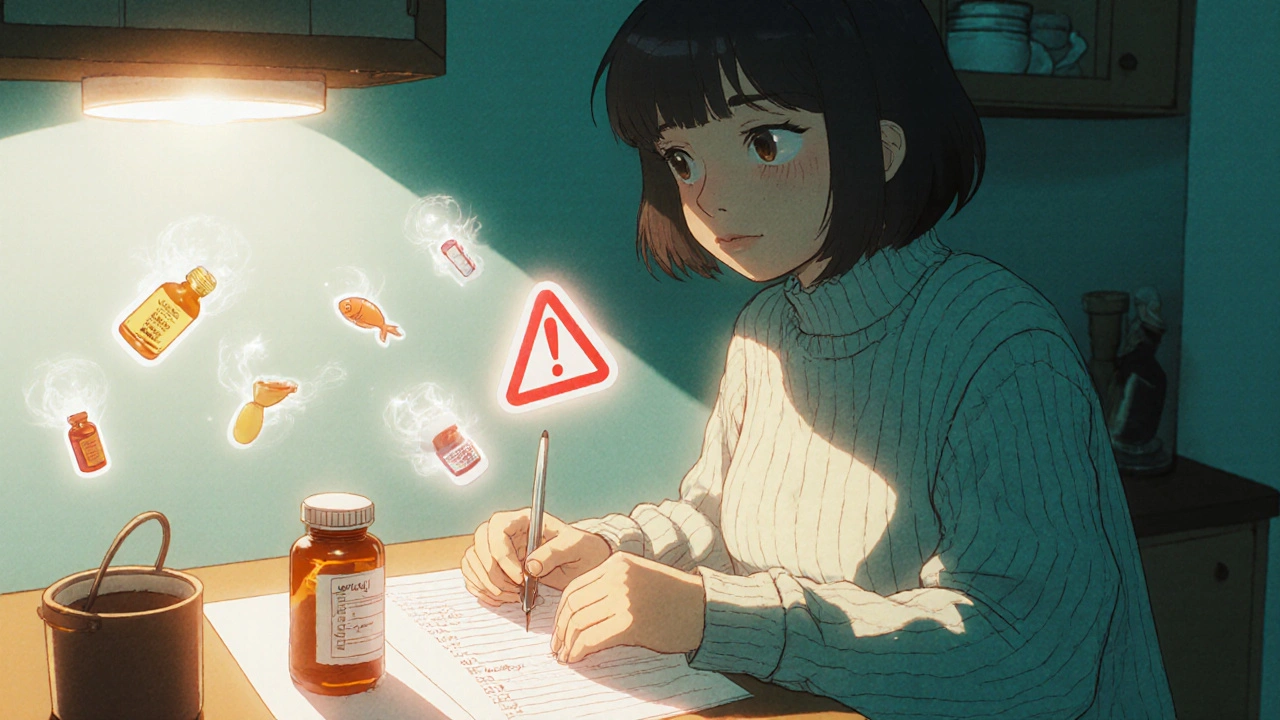 Woman comparing pill bottle to handwritten list at home, warning icon floating beside it.