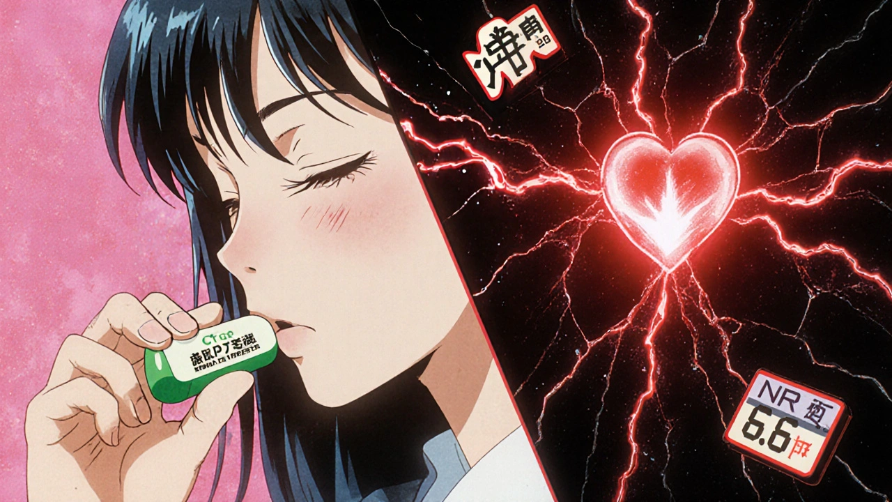 Woman taking Danshen as her blood vessels rupture, with INR levels spiking in digital readouts.