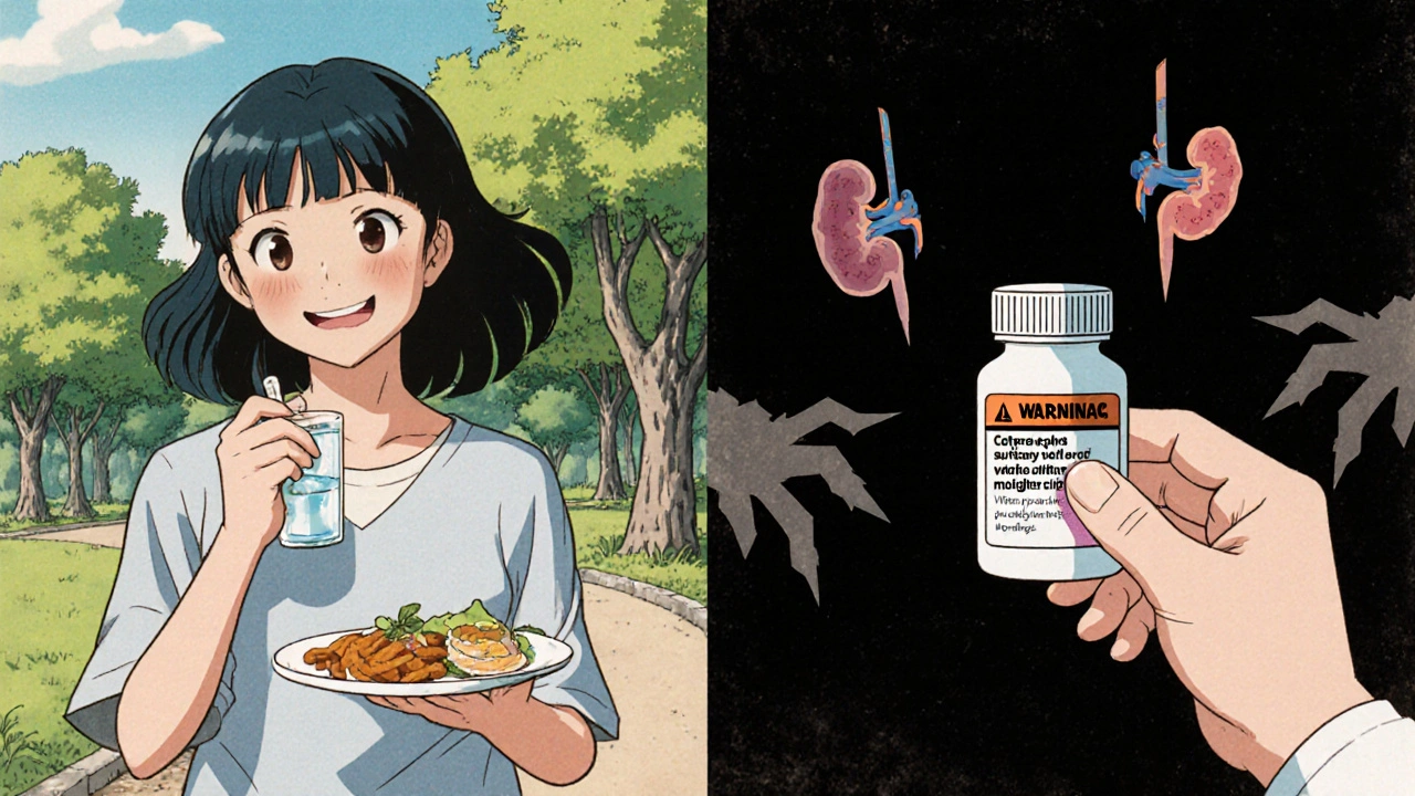 Woman walking in park with mefenamic acid pill bottle, dark side-effect shadows looming behind her in retro anime style.