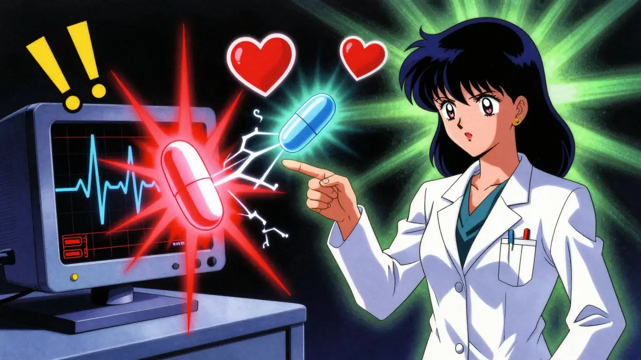 A glowing tricyclic antidepressant and birth control pill connected to a warning ECG monitor in retro anime style.
