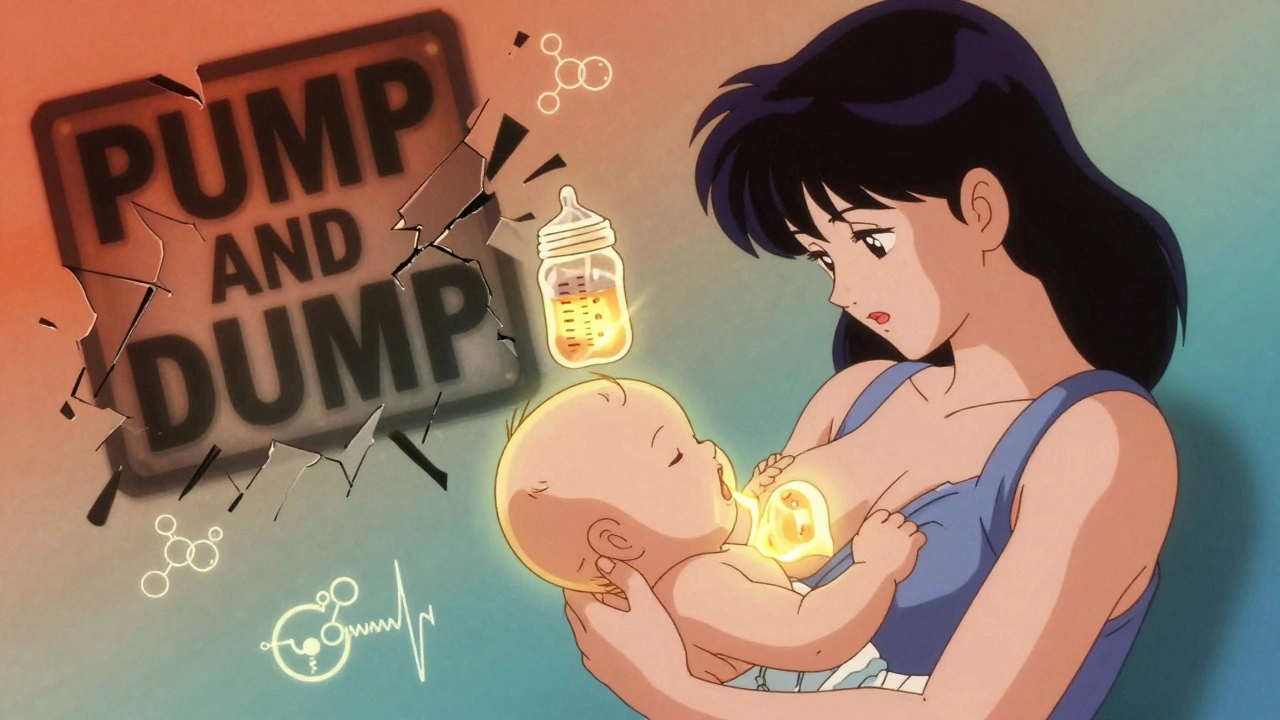 A mother taking ibuprofen after nursing as safe medication glows harmlessly, with a crumbling &#039;dump&#039; sign.