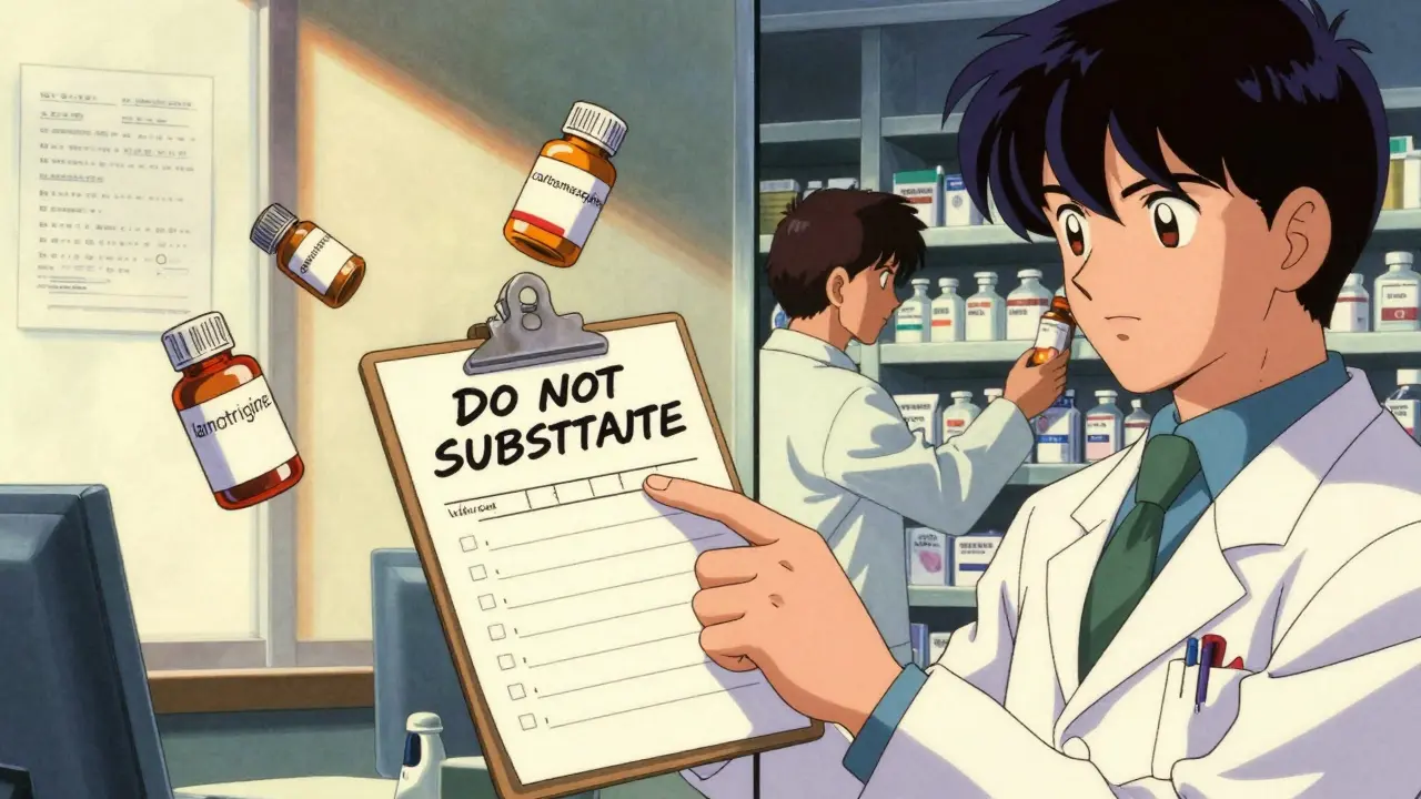 A neurologist insists on 'Do Not Substitute' while a pharmacist reaches for a generic bottle, medical icons floating around.