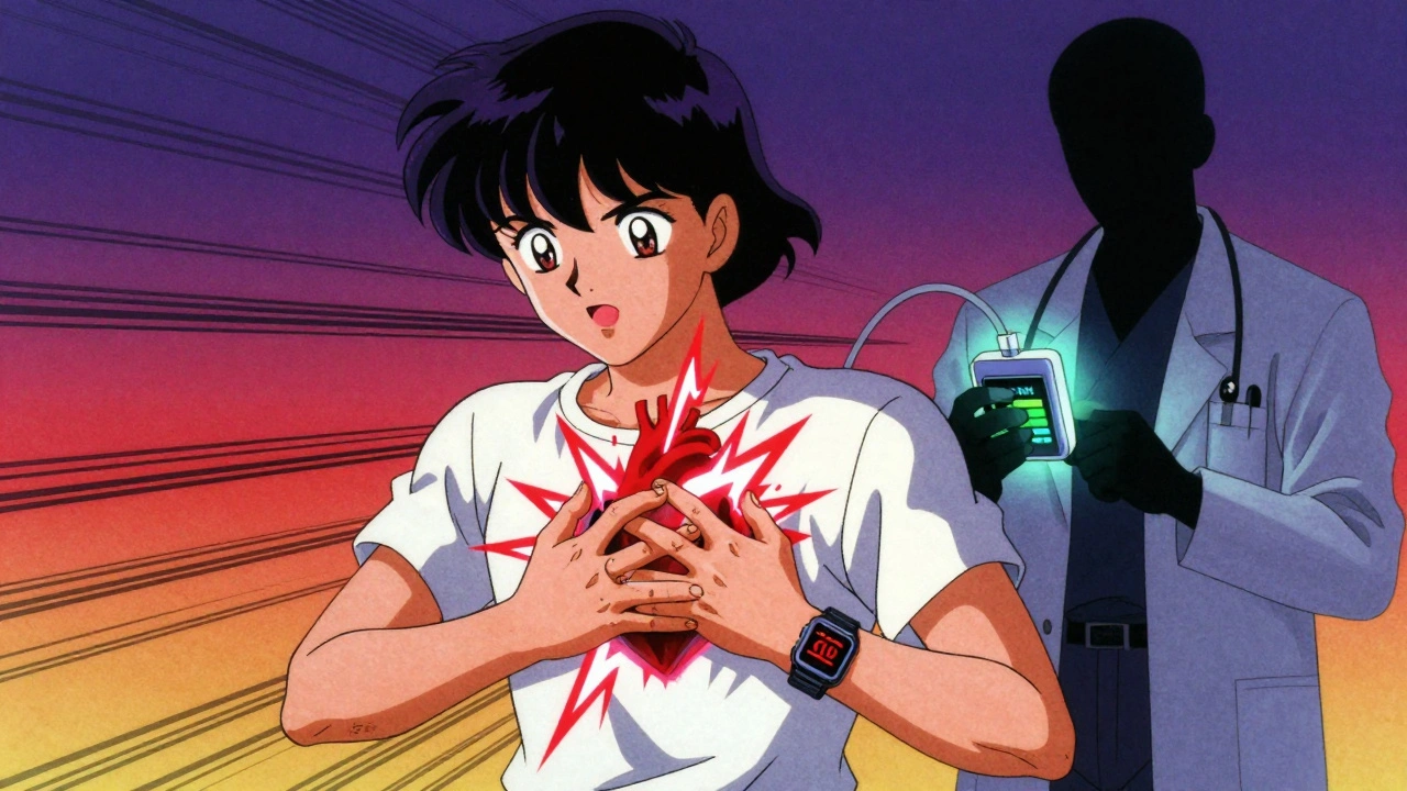 A person clutching their chest as lightning erupts from their heart, symbolizing tachycardia in retro anime style.