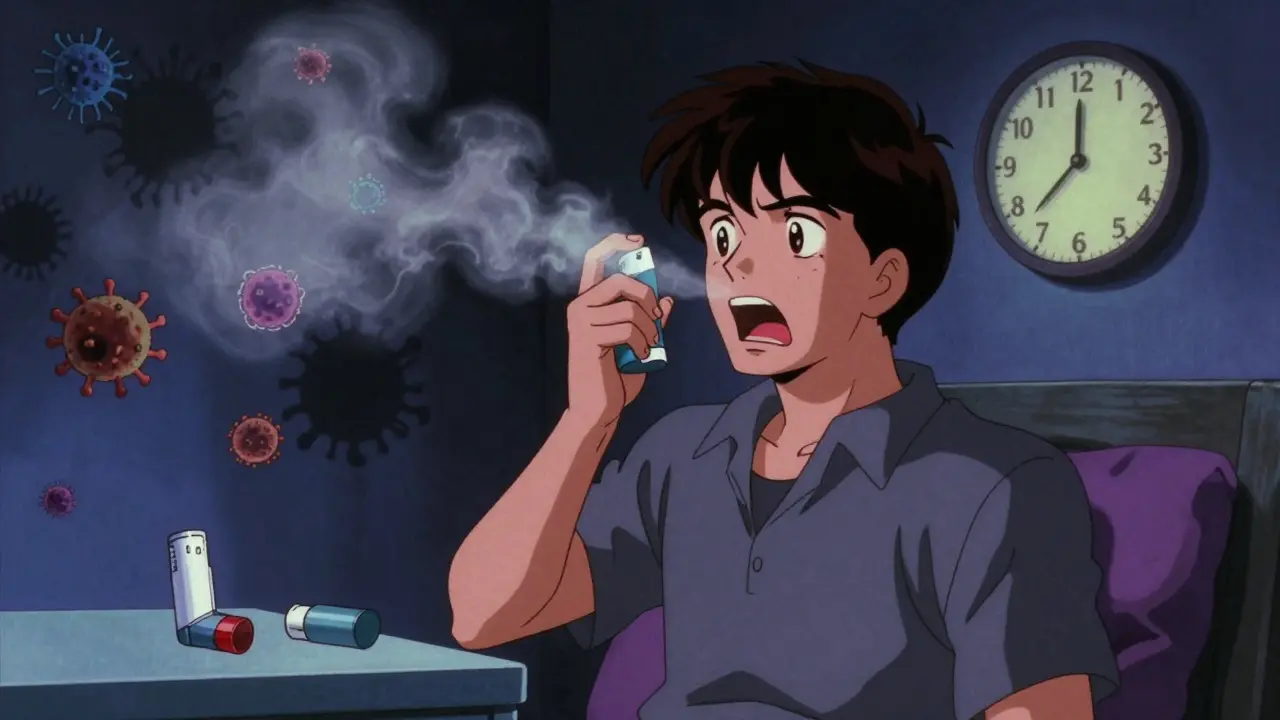 A person having an asthma attack while an expired inhaler releases fading mist.