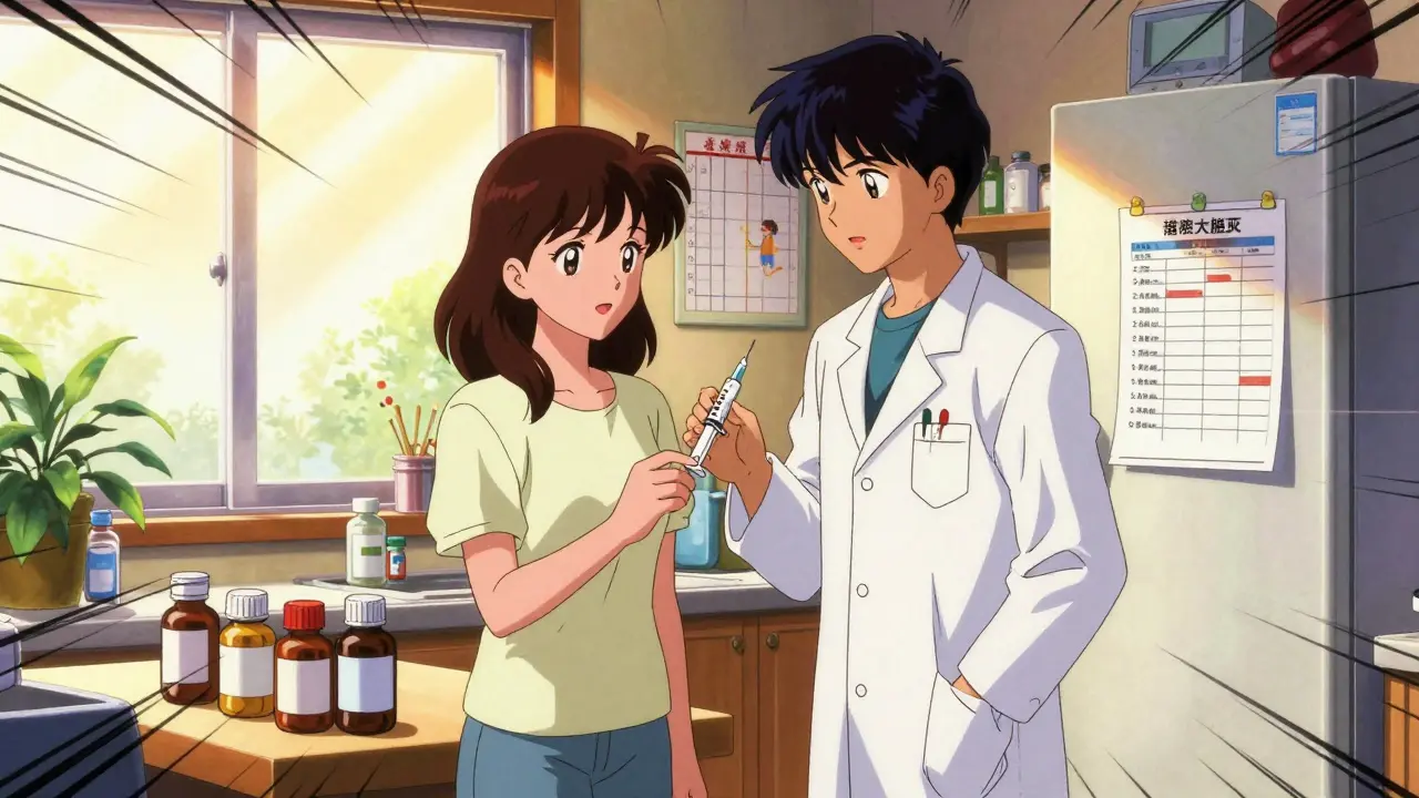 A pharmacist giving a dosing syringe to a mother, medication list on fridge, child's weight chart visible.