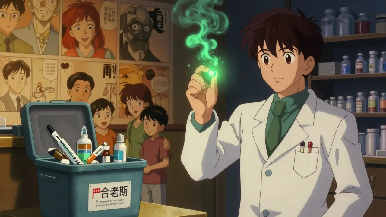 A pharmacist holds a toxic tetracycline tablet as family discards expired meds in a take-back bin.