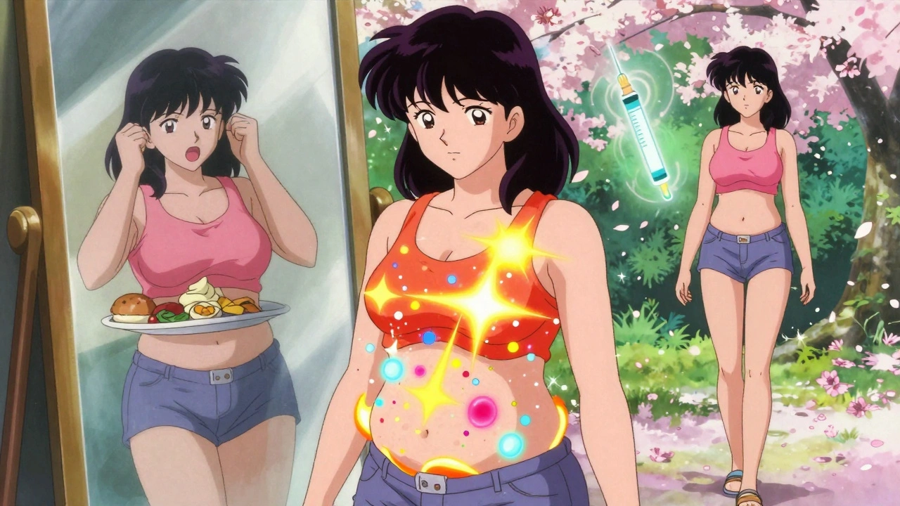 A woman watches her body transform as energy particles dissolve fat, with past and present selves shown in a nostalgic anime scene.