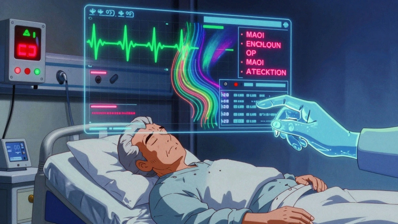 AI analyzing brainwaves over sleeping patient with glowing medical data in retro anime