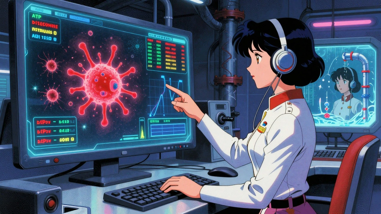 AI control room with holographic bacteria and real-time data alerts, a technician monitoring contamination trends in retro anime style.