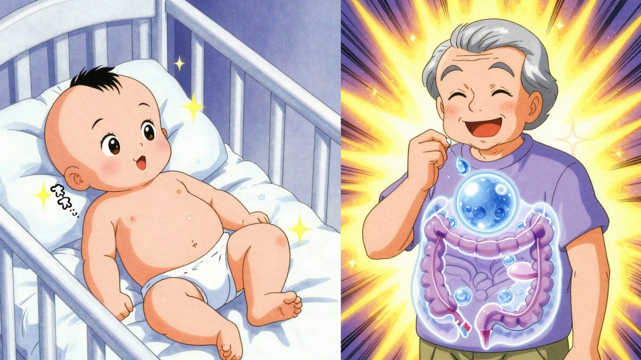 Baby and elderly person both receiving simethicone relief with glowing bubbles in gut