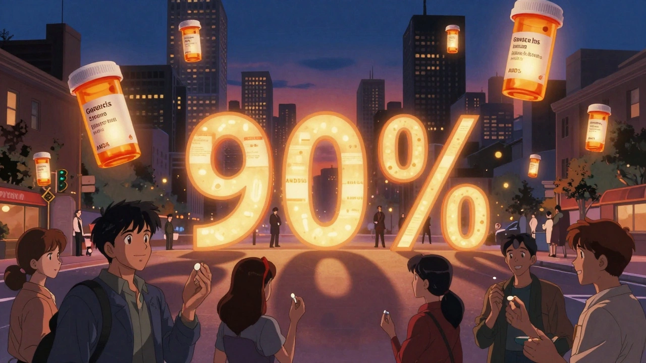 City skyline with floating generic drug bottles and people holding pills, glowing &#039;90%&#039; shadow.