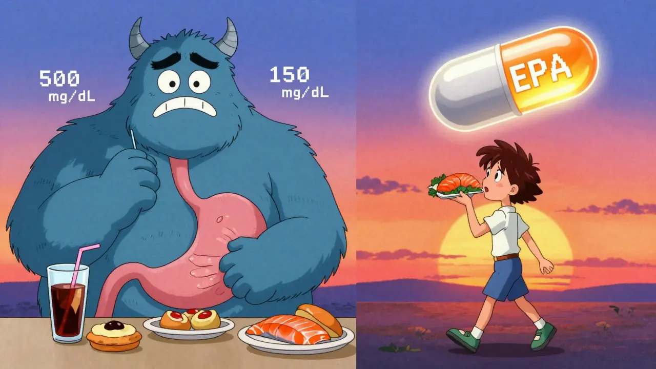 Contrasting lifestyles: person eating junk food vs. walking healthily with omega-3 capsule