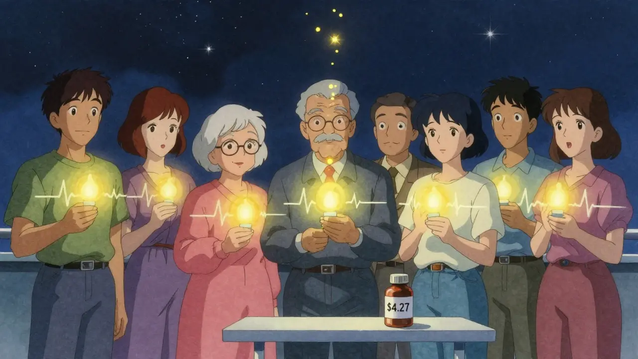 Diverse patients under starry sky with glowing hearts as buspirone capsule turns to light