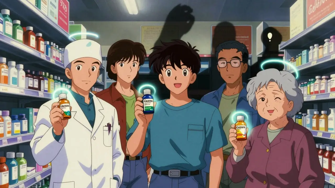 Diverse people hold different antihistamines in a pharmacy, glowing bottles against dark pills.