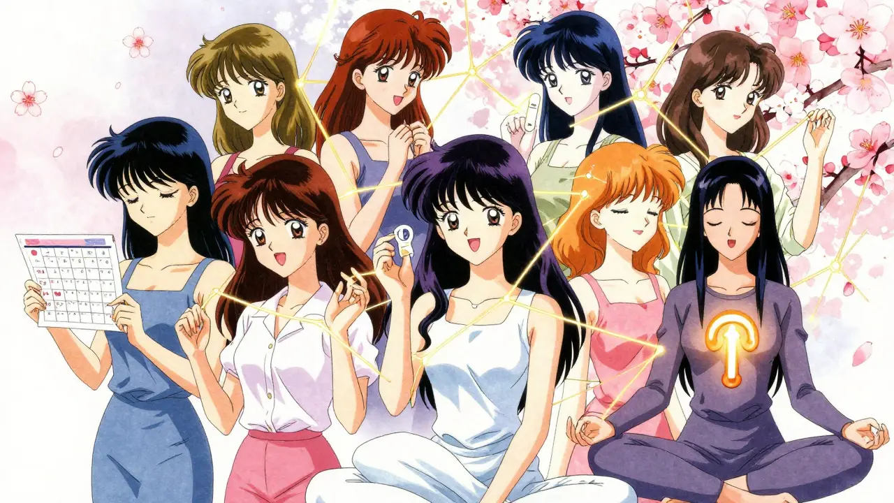 Diverse women connected by golden threads, symbolizing safe mental health and reproductive choices in manga style.