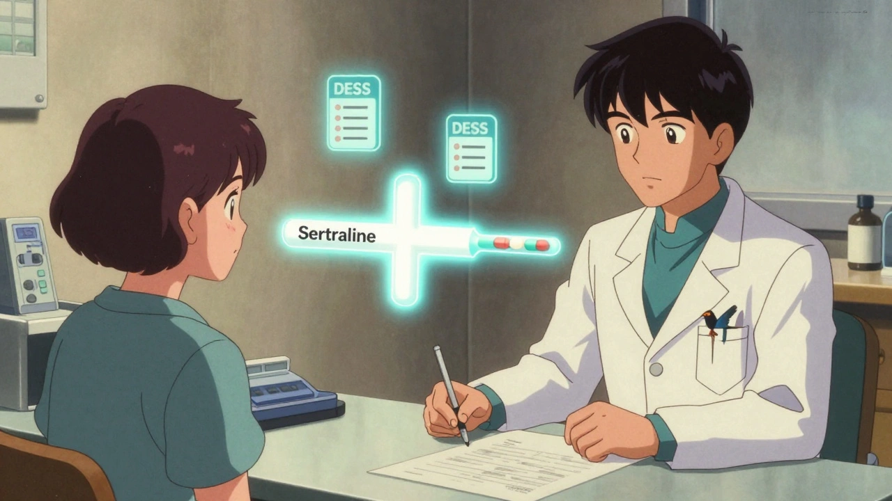 Doctor and patient reviewing cross-taper chart with floating checklist in retro anime