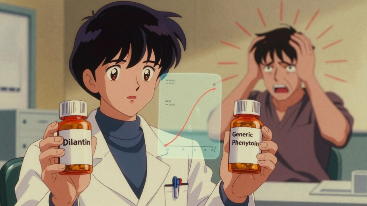 Doctor comparing brand and generic phenytoin bottles with absorption curves in retro anime style