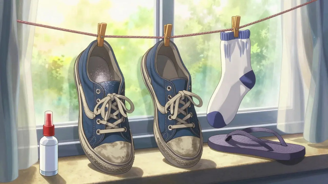 Drying sneakers with antifungal powder inside and clean socks hanging nearby