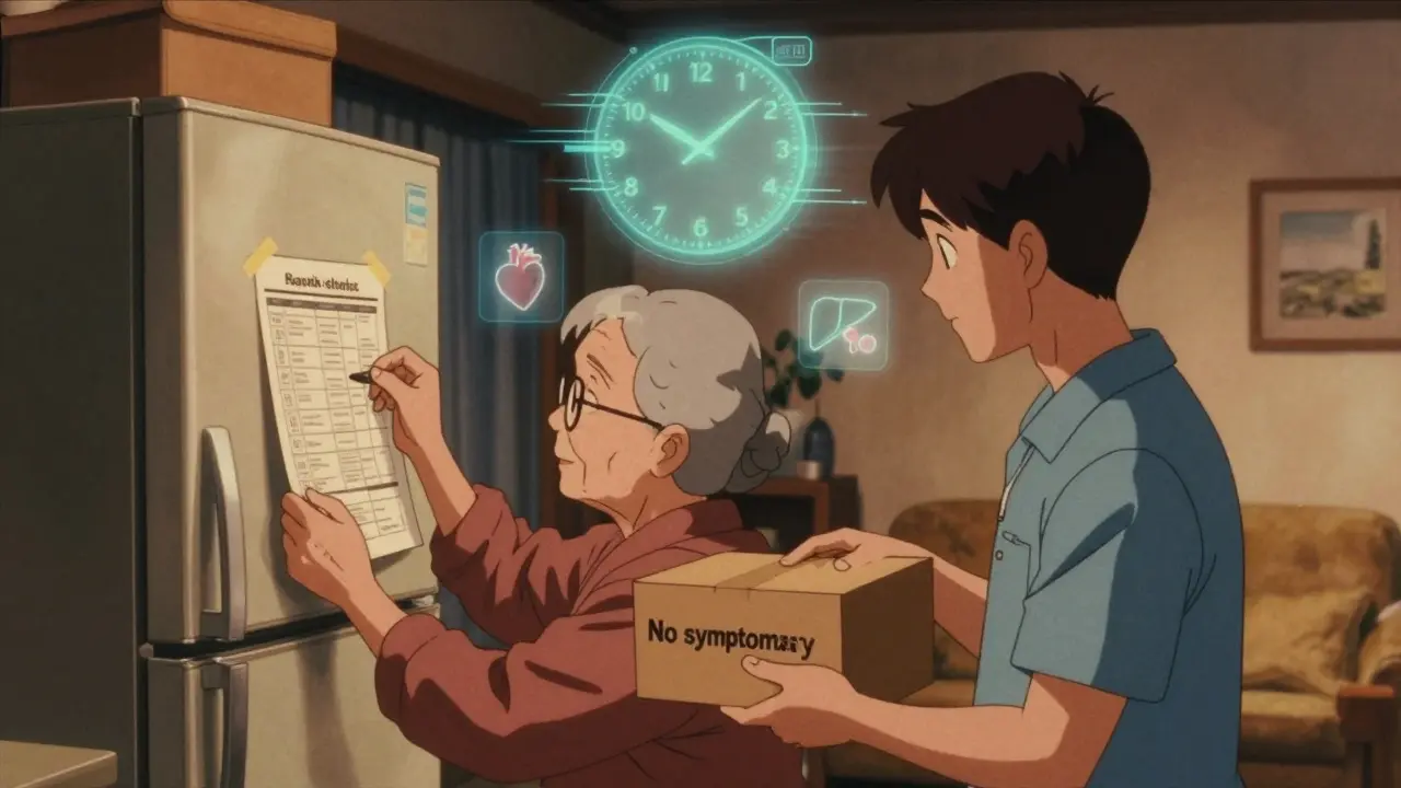 Elderly woman and caregiver checking symptoms on a printed list by the fridge.