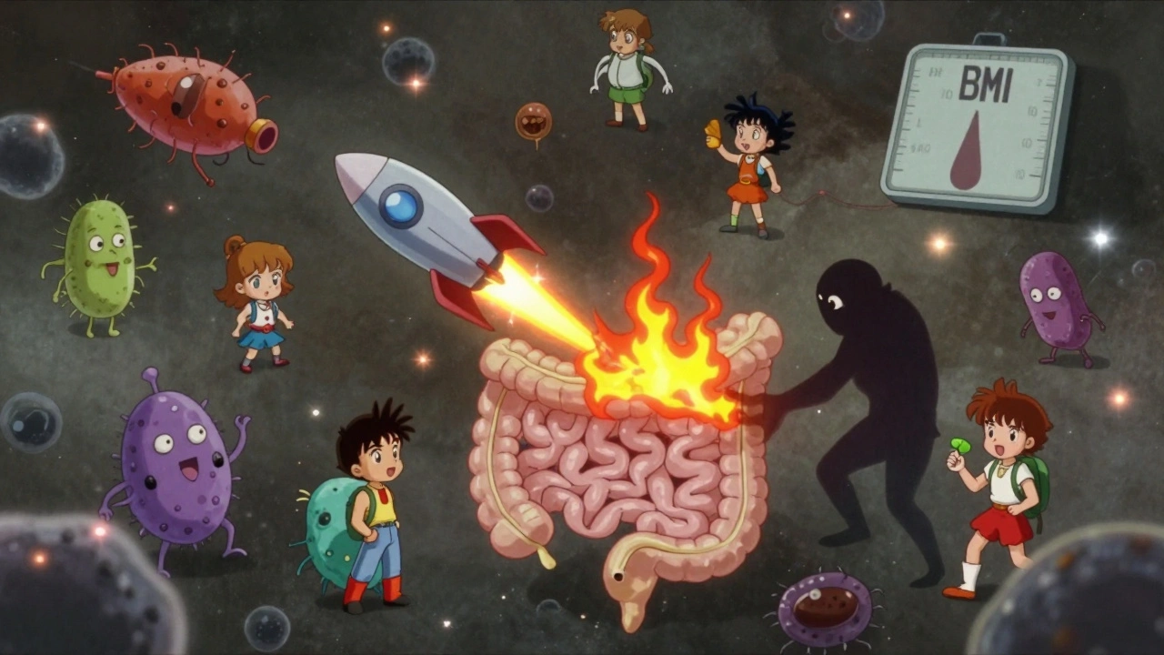 Futuristic gut map with synbiotic rocket boosting healing butyrate flames