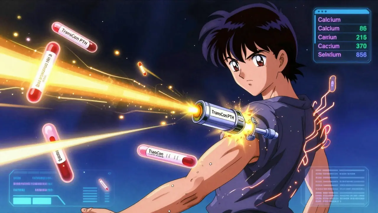 Futuristic PTH injector emitting golden energy as blood test values glow around the patient.