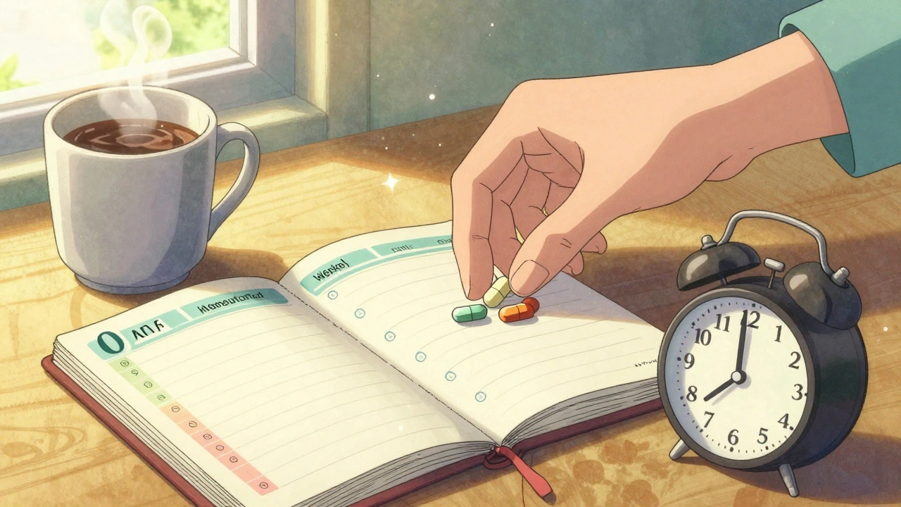 Hand placing pills into a weekly organizer next to a coffee mug at sunrise.