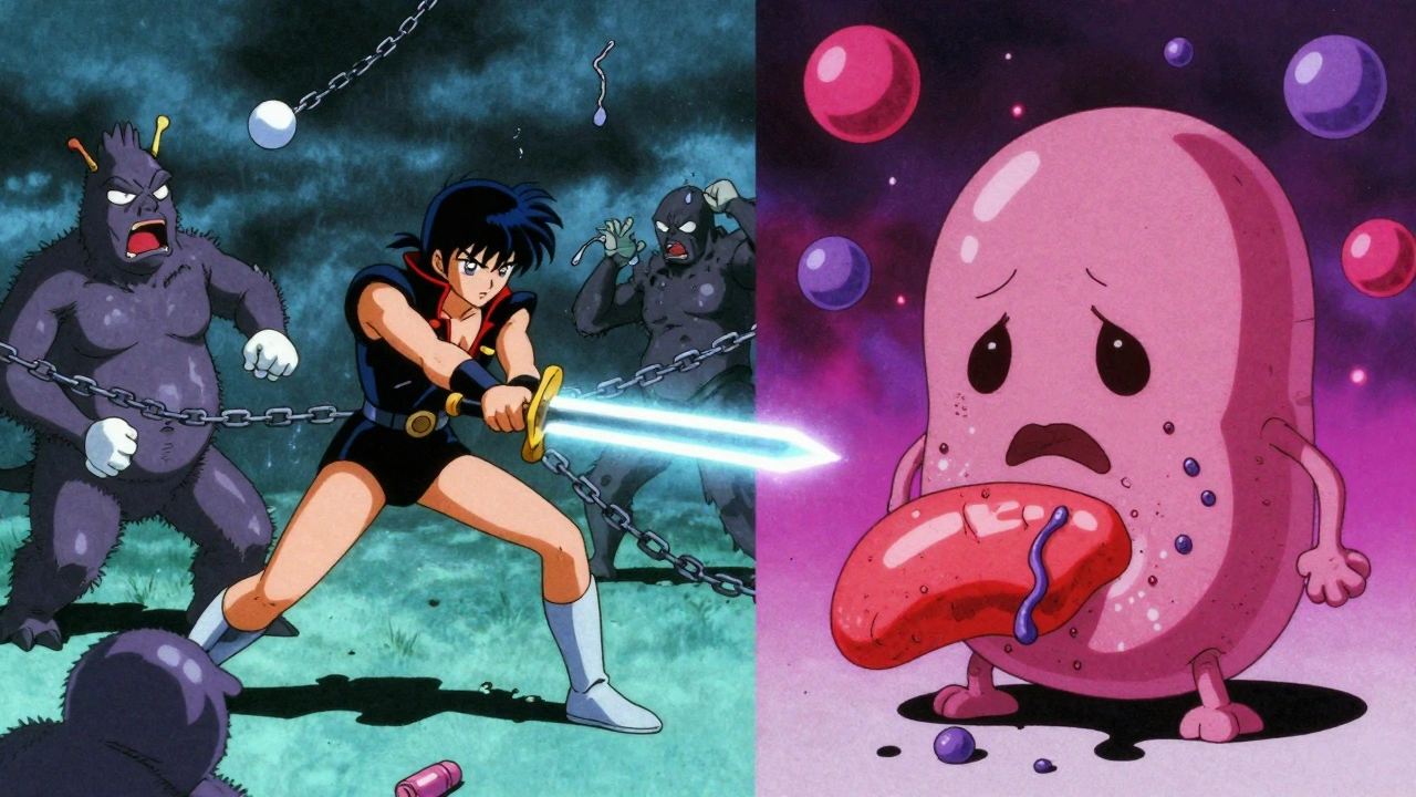 Heroic insulin molecule fighting monsters representing stress hormones in a retro anime battle scene.