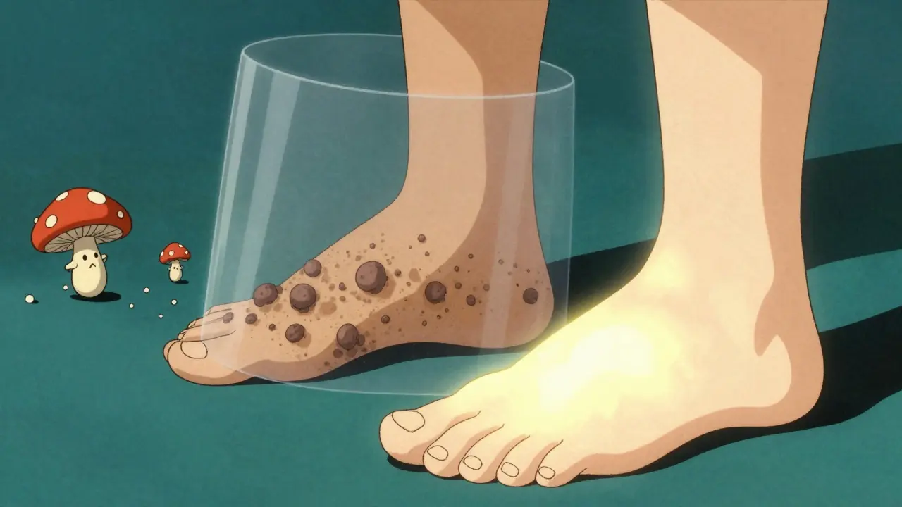 Infected foot contrasted with healthy foot protected by a glowing barrier