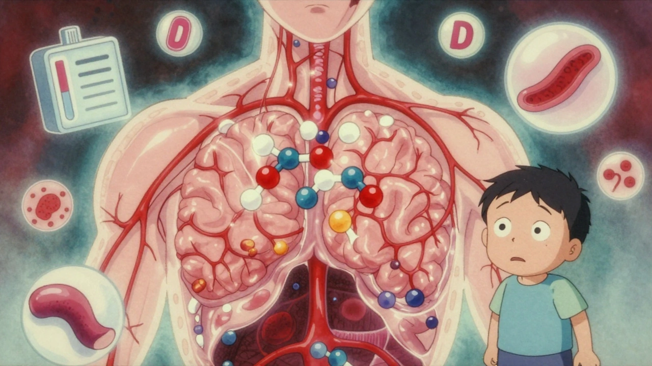 Internal view of patient&#039;s body showing free phenytoin flooding brain with low albumin in retro anime style