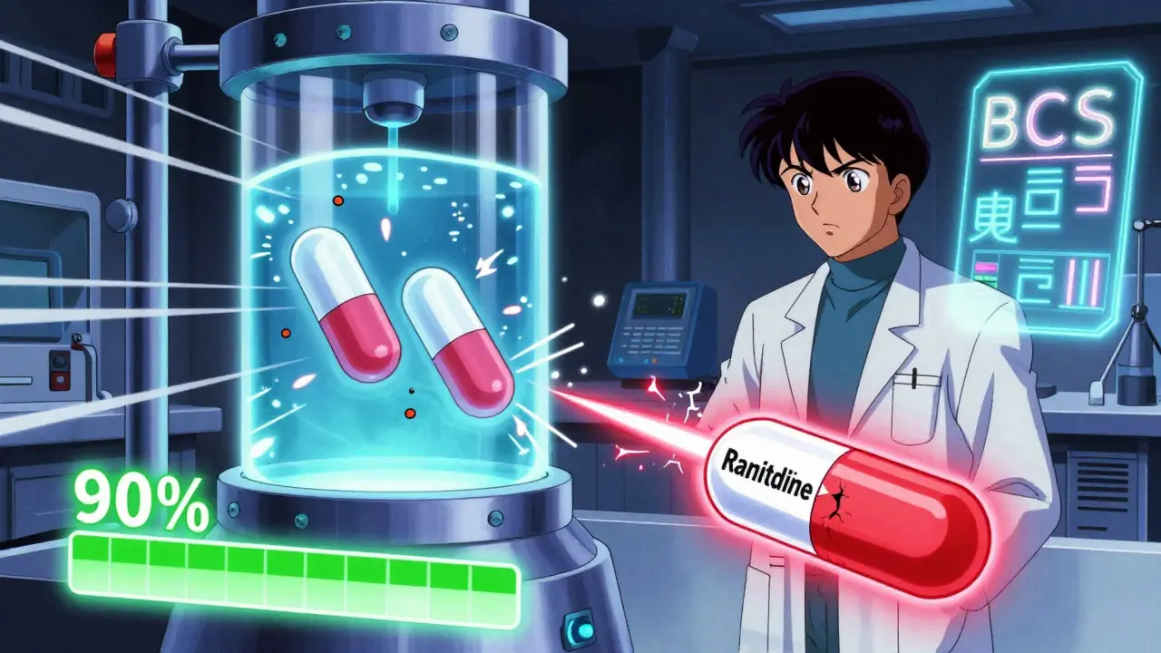 Lab scene with dissolving pills and holographic BCS classification in neon colors.