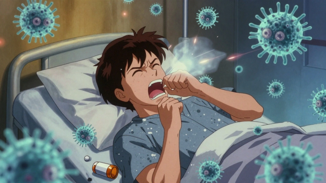 Man in hospital bed with glowing antibiotic-resistant bacteria surrounding him.